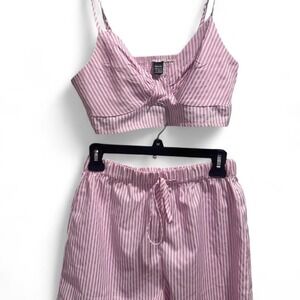 Salant Pink White Stripe Smocked Crop Top & Shorts Pajama Set M